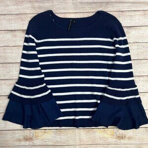 Allie & Rob Navy White Striped Sweater XL Ruffle Hem Long Sleeve Ribbed Knit Top